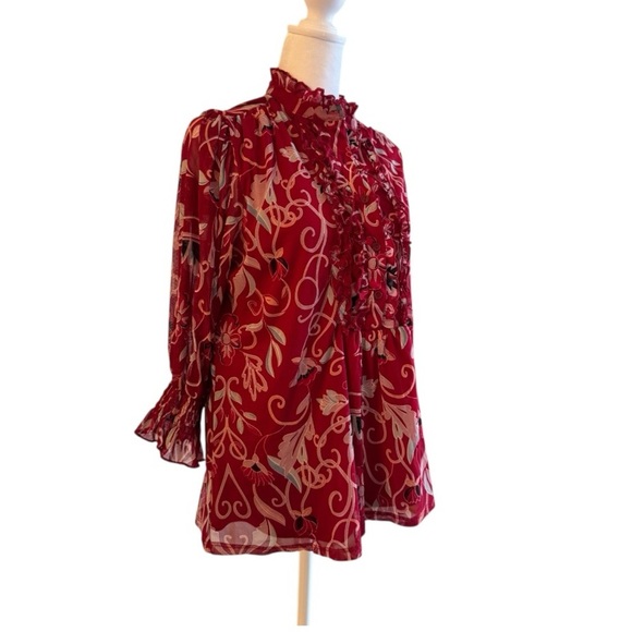 NY Collection Red Ruffle Floral Blouse Size Large - Picture 3 of 6